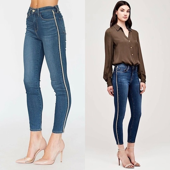 NWT L’AGENCE High Waist Distressed Gold Tuxedo Stripe Ankle Crop Skinny Jeans 25 - Picture 1 of 9
